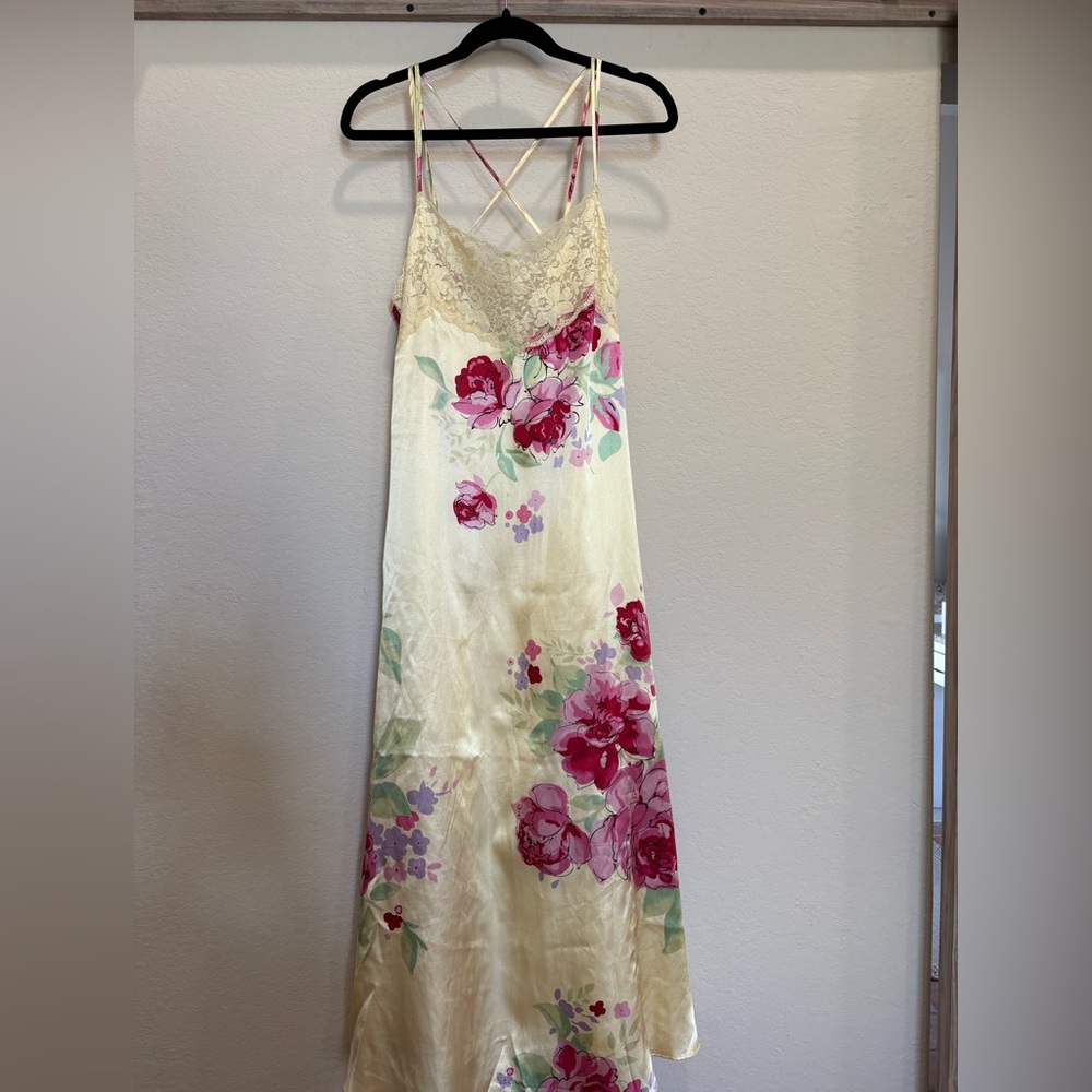 Vintage Yellow Floral Slip Dress with Lace Detail- Amoureuse M
